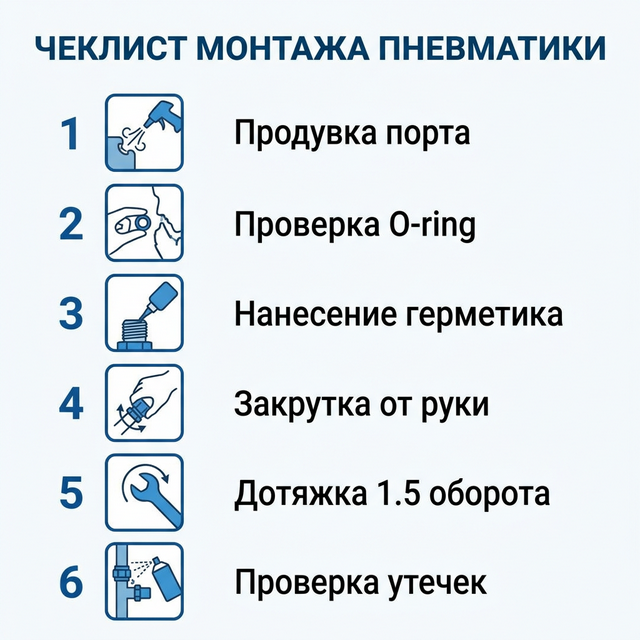Чеклист монтажа пневматики из 6 шагов: продувка, проверка кольца, герметик, закрутка, дотяжка, проверка утечек