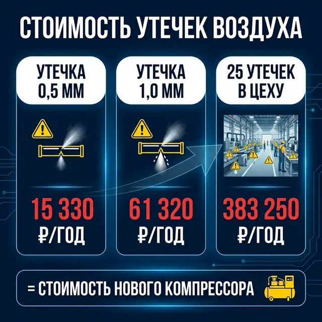 Стоимость утечек воздуха — инфографика: от 6 100 до 914 400 ₸ в год