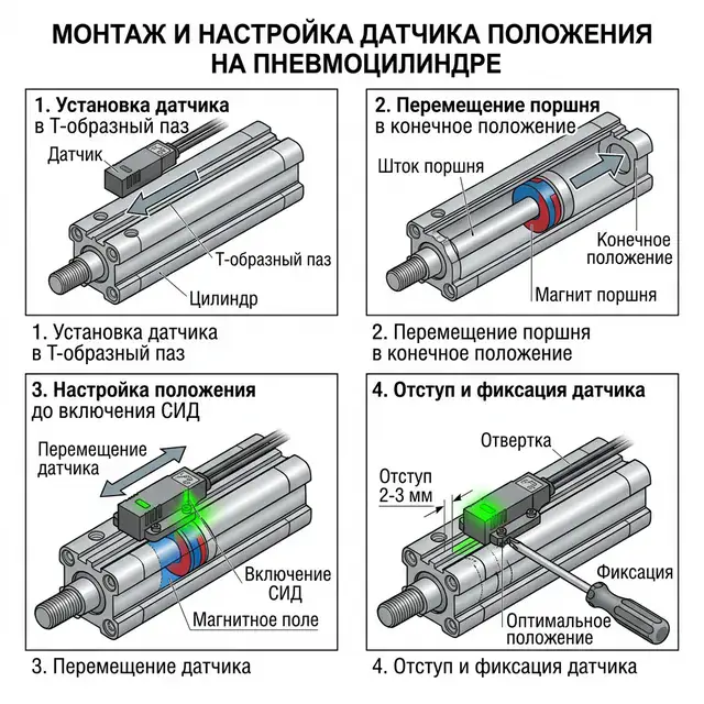 Монтаж датчика положения в паз пневмоцилиндра — правильное позиционирование