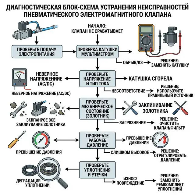Диагностика электромагнитного клапана — пошаговый алгоритм: электрика → пневматика → механика