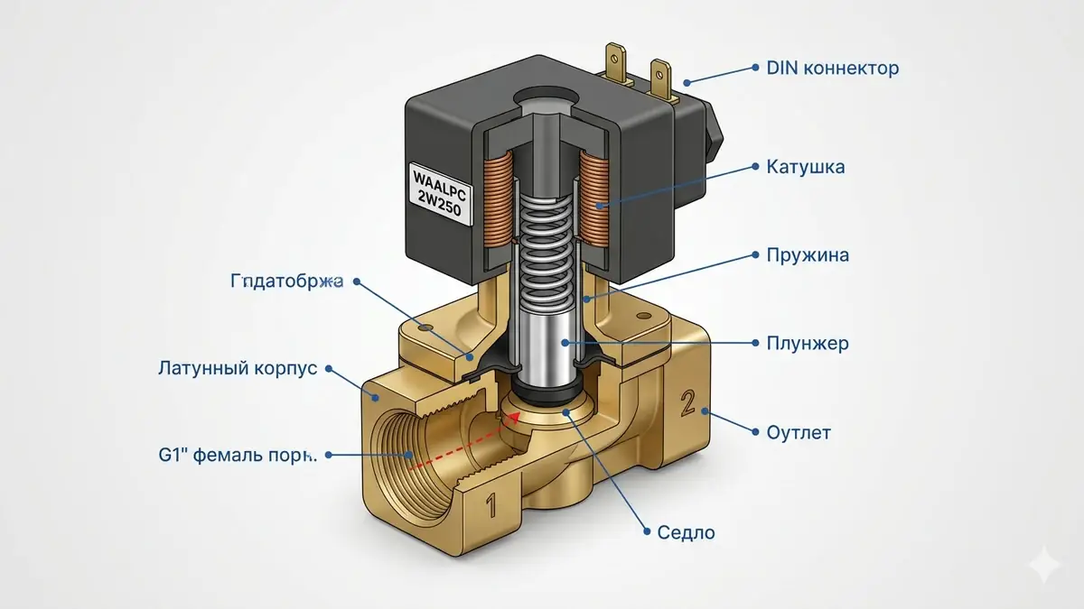 Разрез 2W250 — латунный корпус, плунжер, седло, катушка