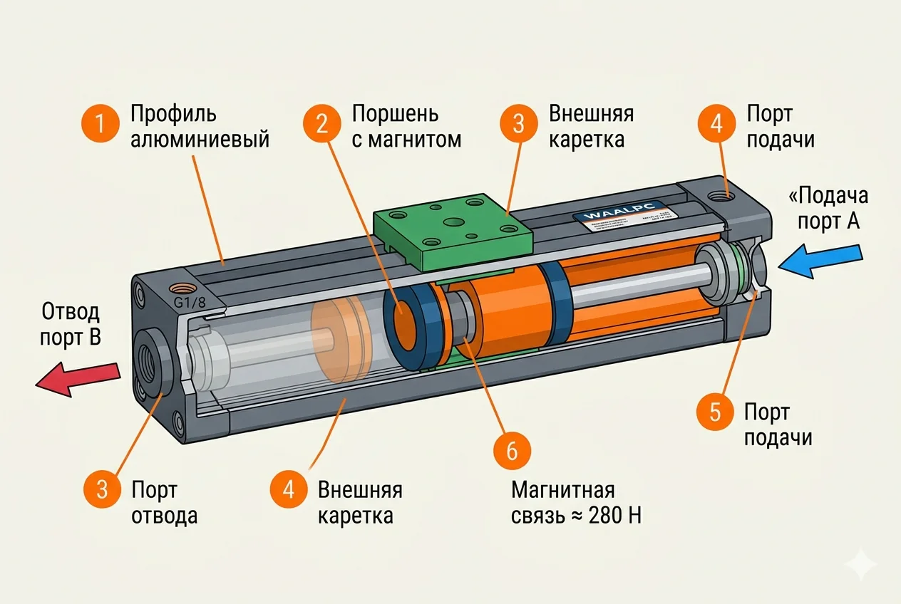 Бесштоковый пневмоцилиндр в разрезе