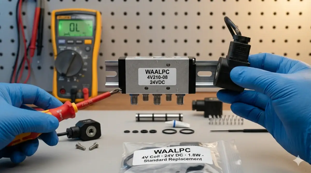 Замена сгоревшей катушки пневмораспределителя WAALPC, проверка Fluke