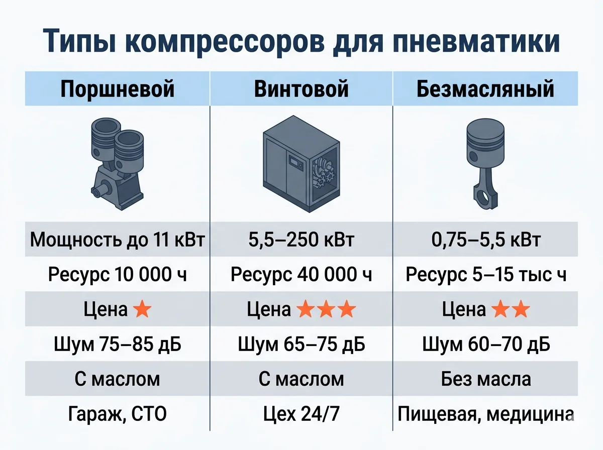 Типы компрессоров для пневматики — сравнение