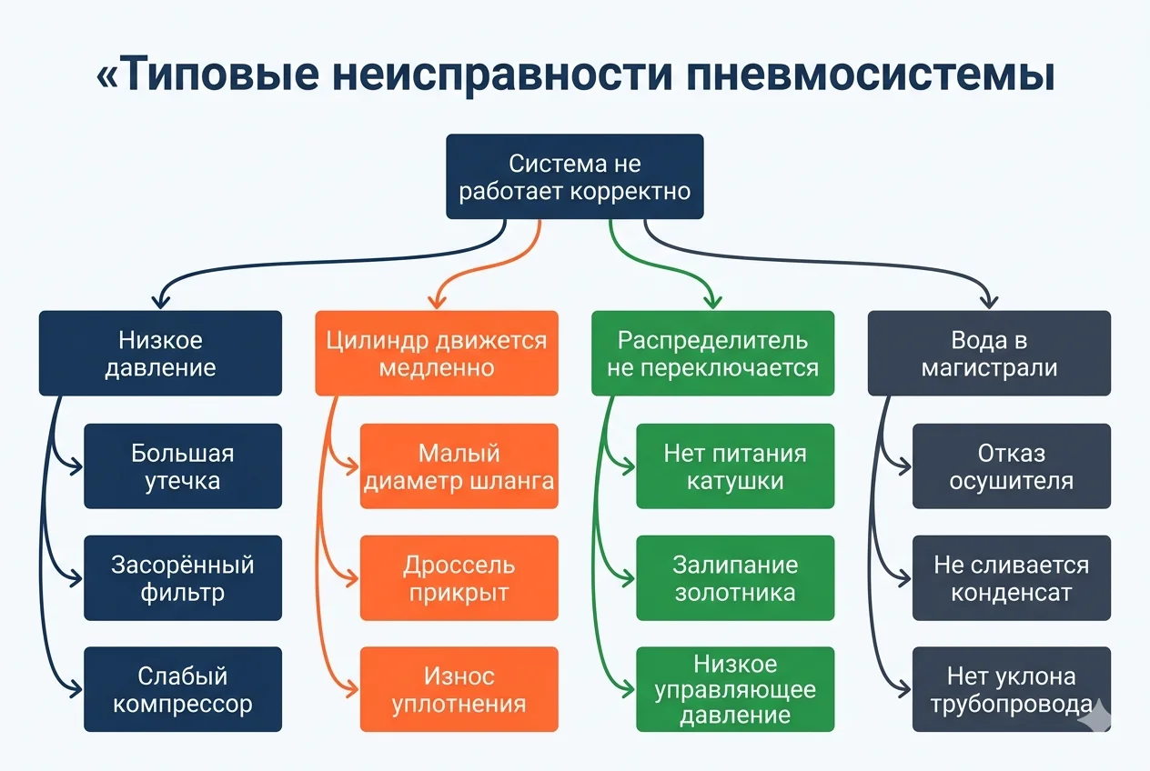 Дерево типовых неисправностей пневмосистемы