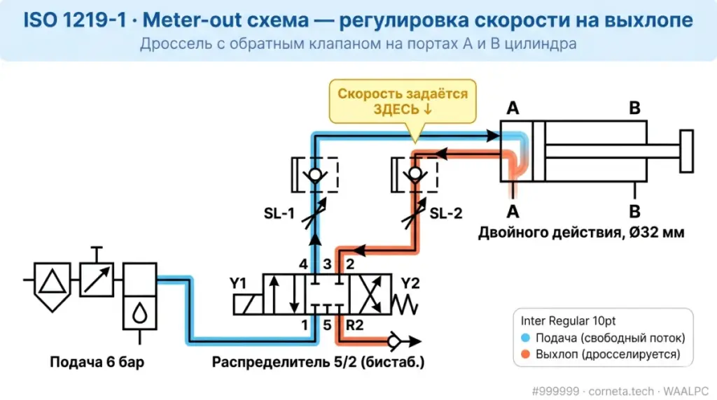 ISO 1219 meter-out схема: регулировка скорости пневмоцилиндра дросселями на выхлопе