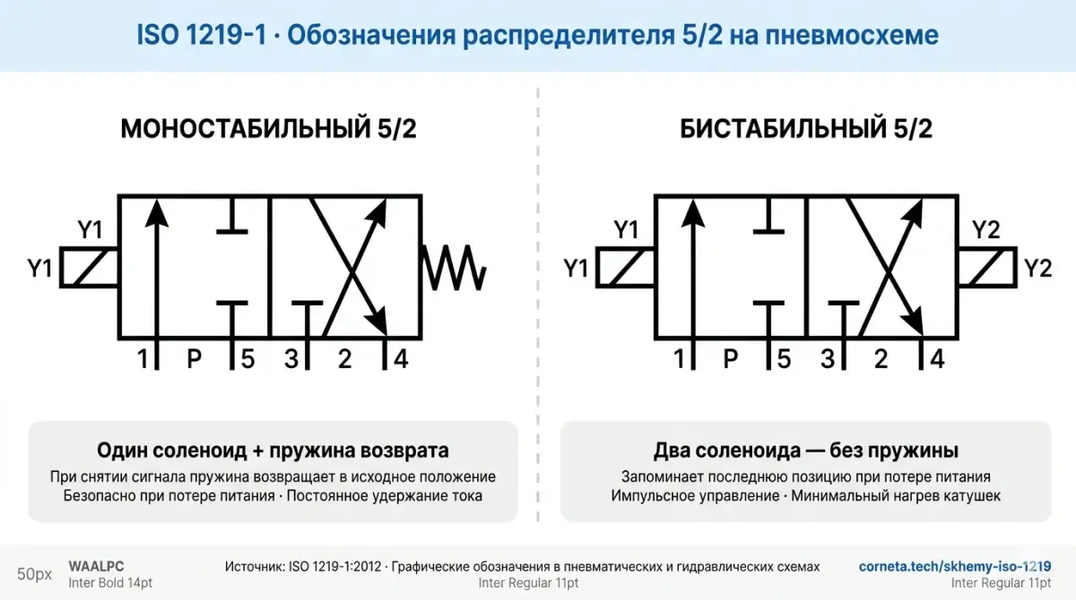 ISO 1219 обозначения: моностабильный (пружина) vs бистабильный (2 соленоида)