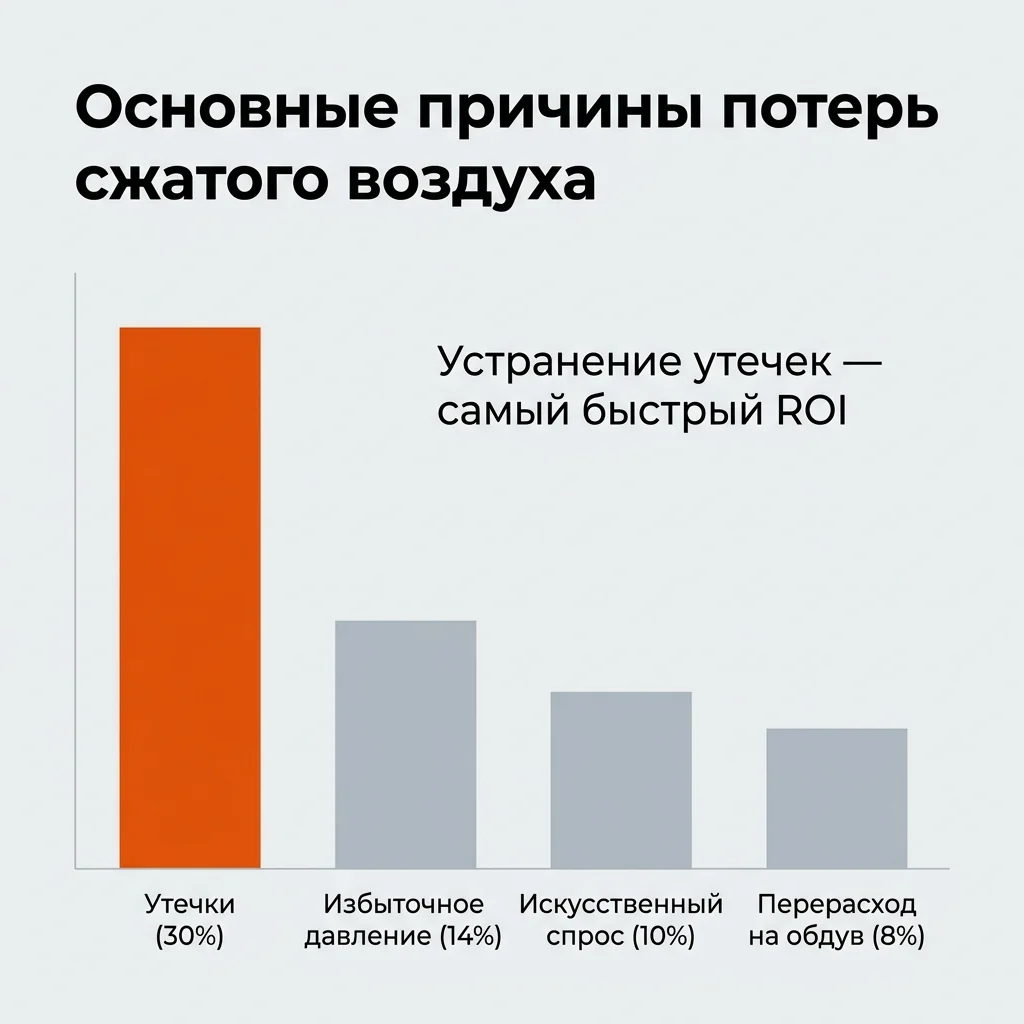Структура потерь сжатого воздуха в цехе — диаграмма Парето