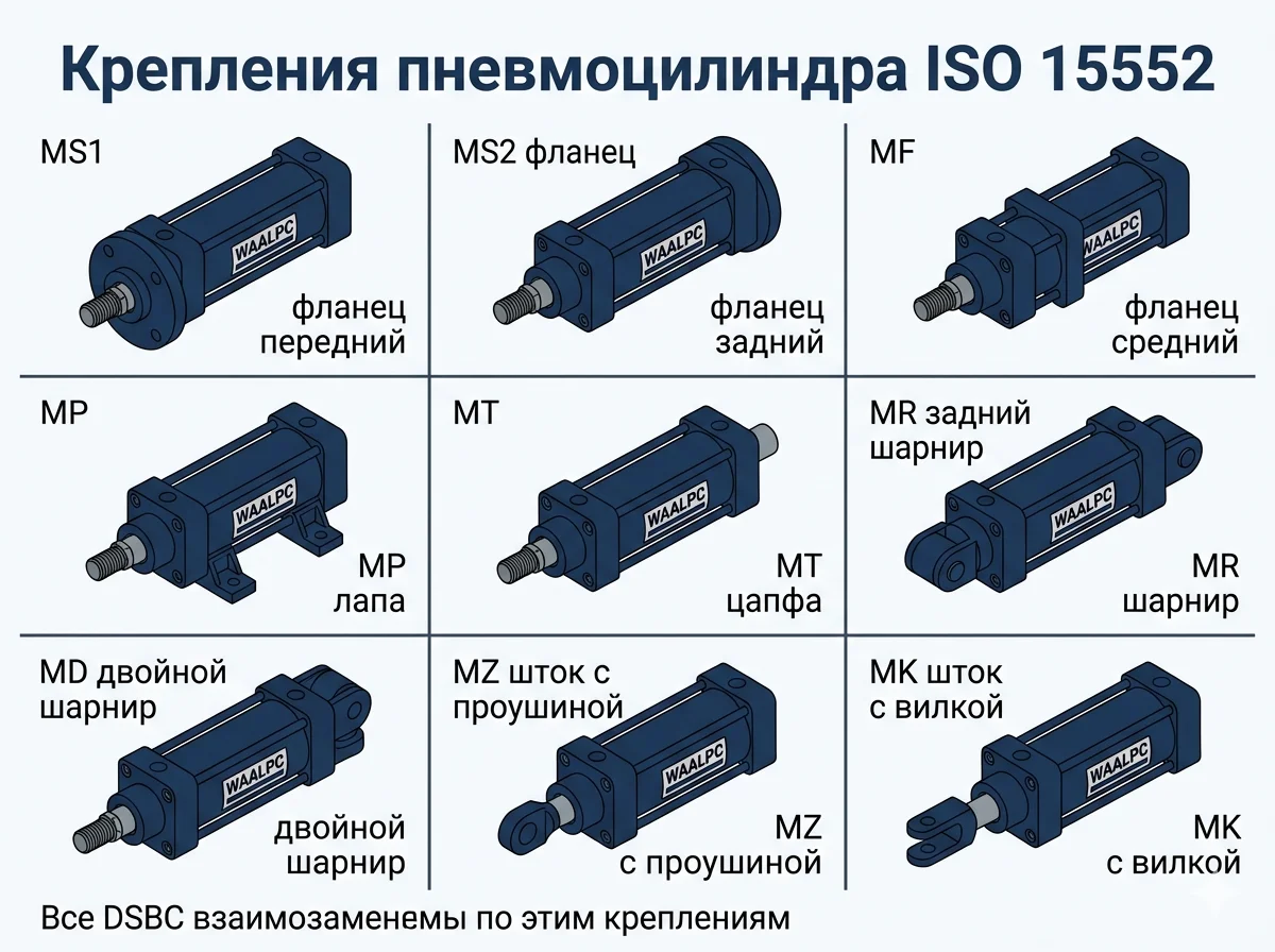 Типы креплений пневмоцилиндра по ISO 15552