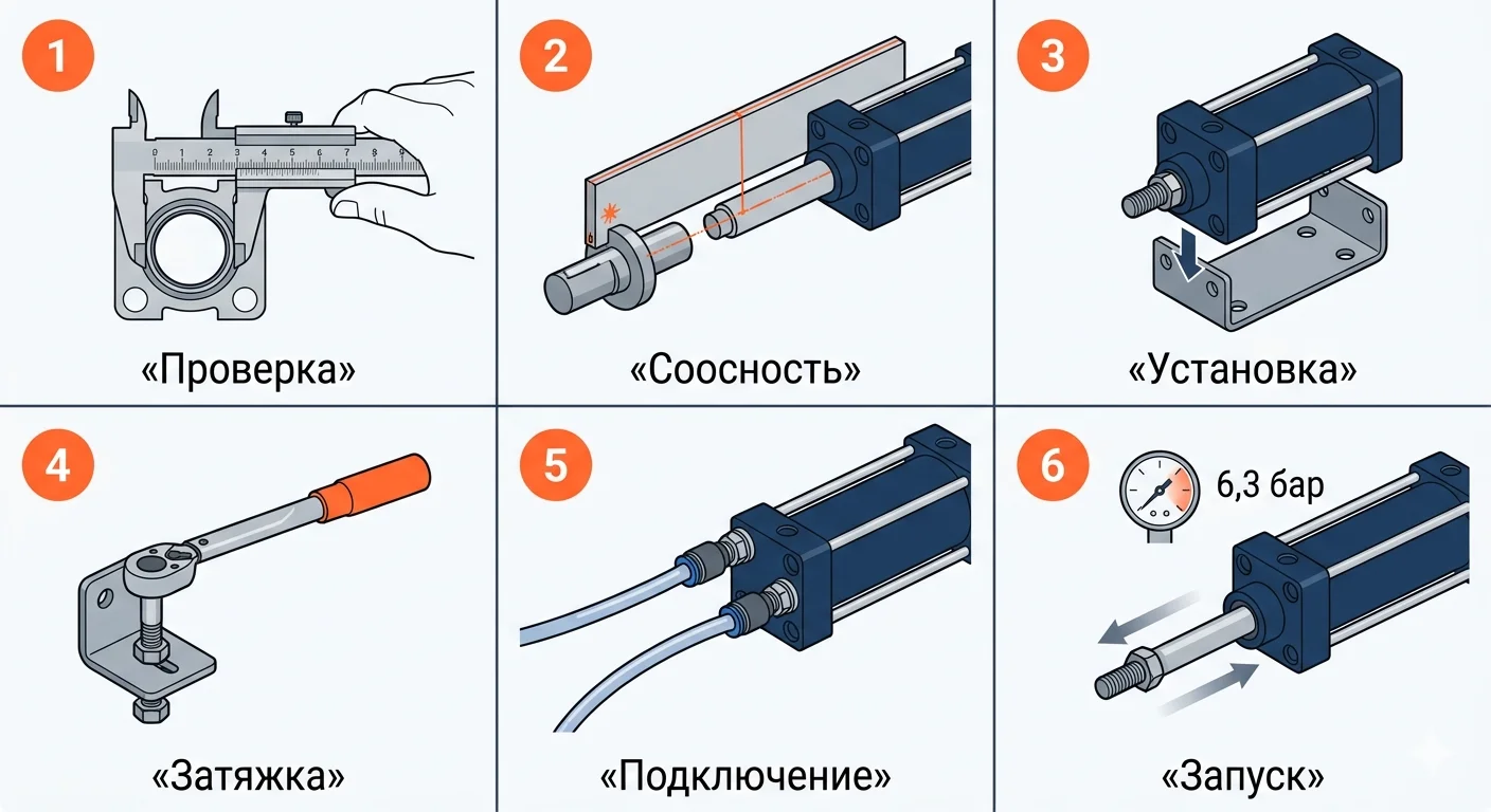 Пошаговая схема монтажа пневмоцилиндра