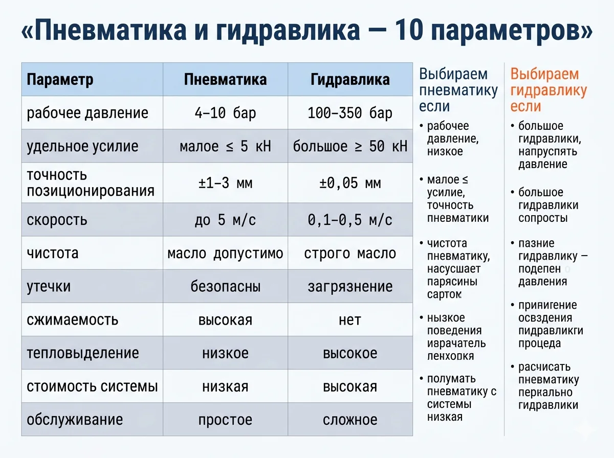 Пневматика и гидравлика — сравнение 10 параметров