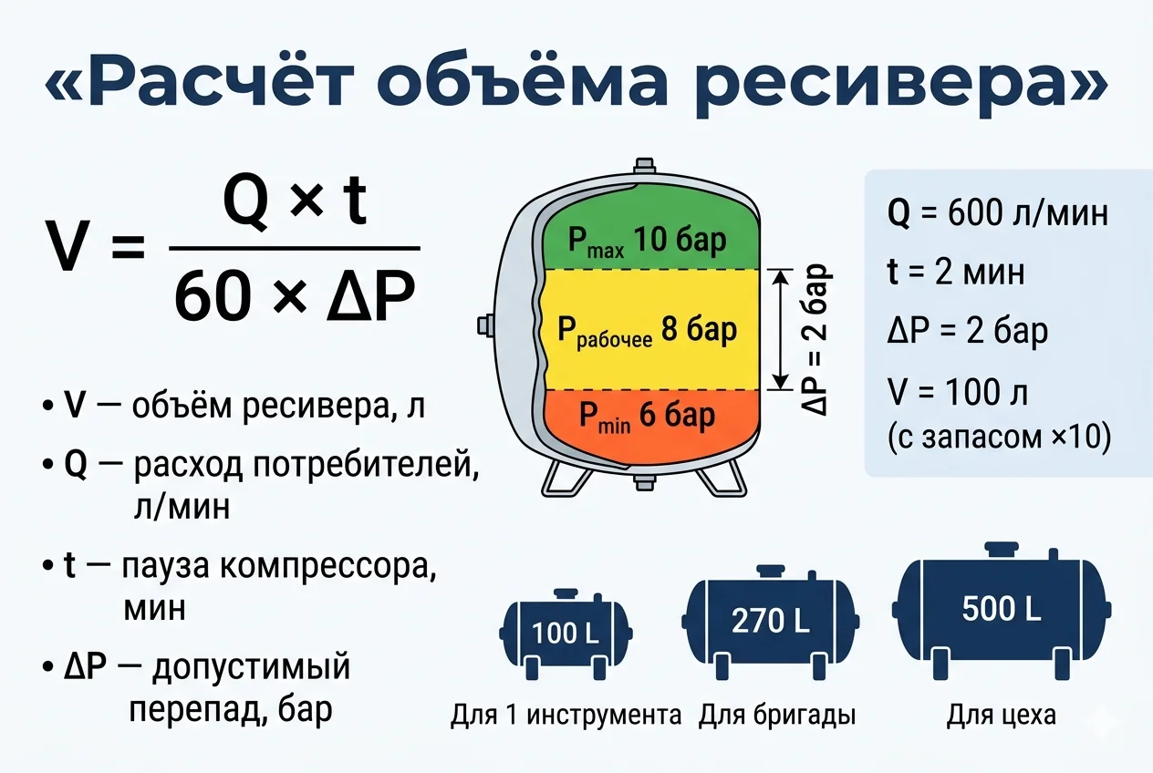 Формула расчёта объёма ресивера сжатого воздуха
