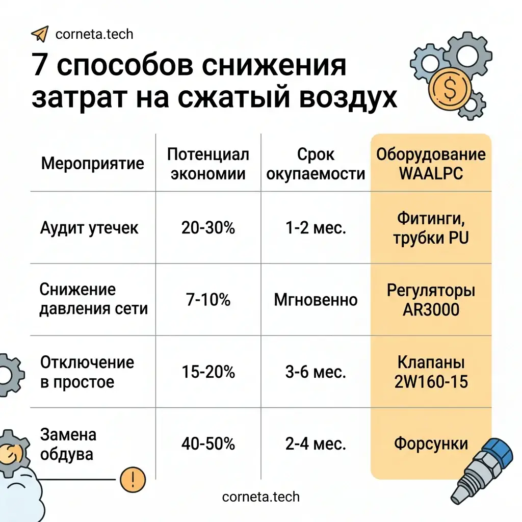 ROI экономии сжатого воздуха — окупаемость 7 способов