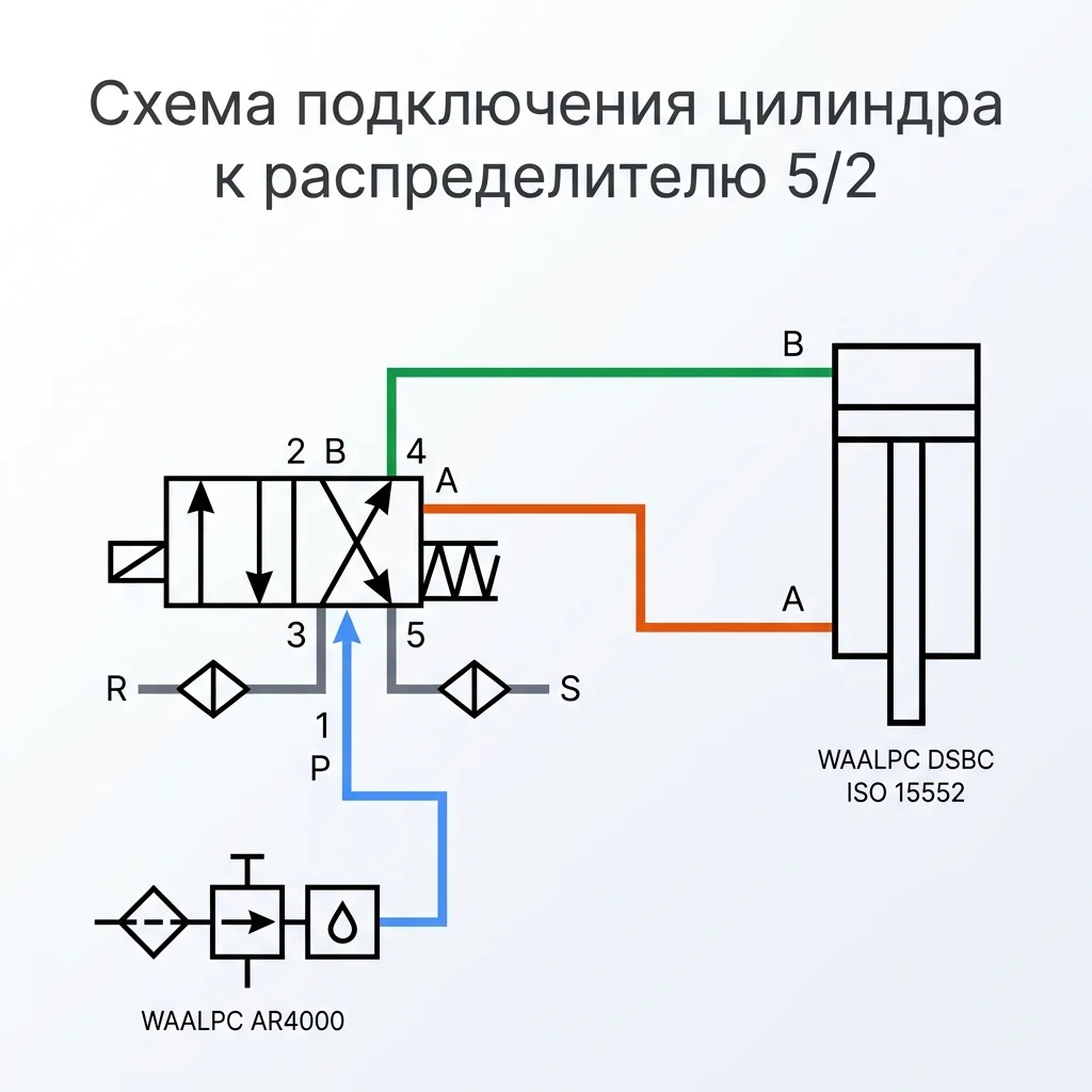 Пневматическая схема: цилиндр + распределитель 5/2 + ФРЛ + дроссели