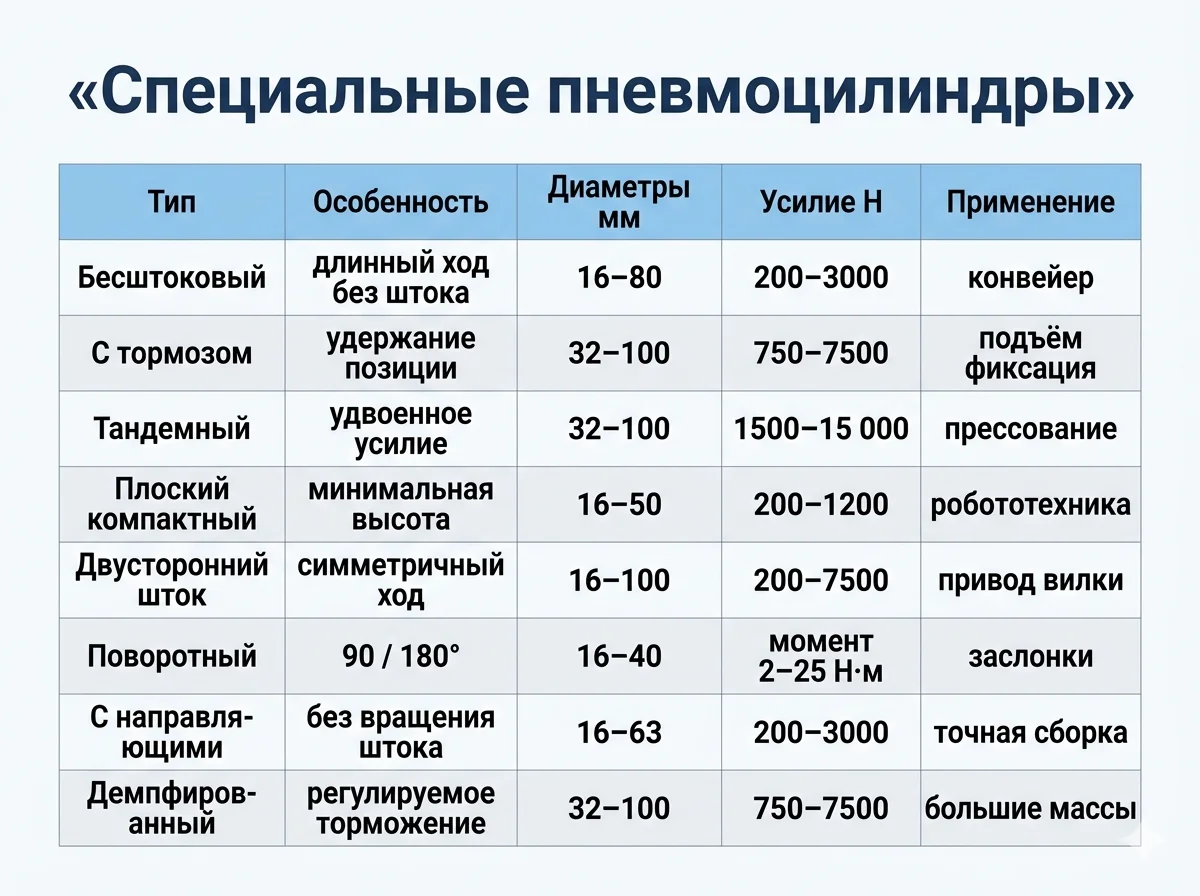 Сравнительная таблица специальных пневмоцилиндров
