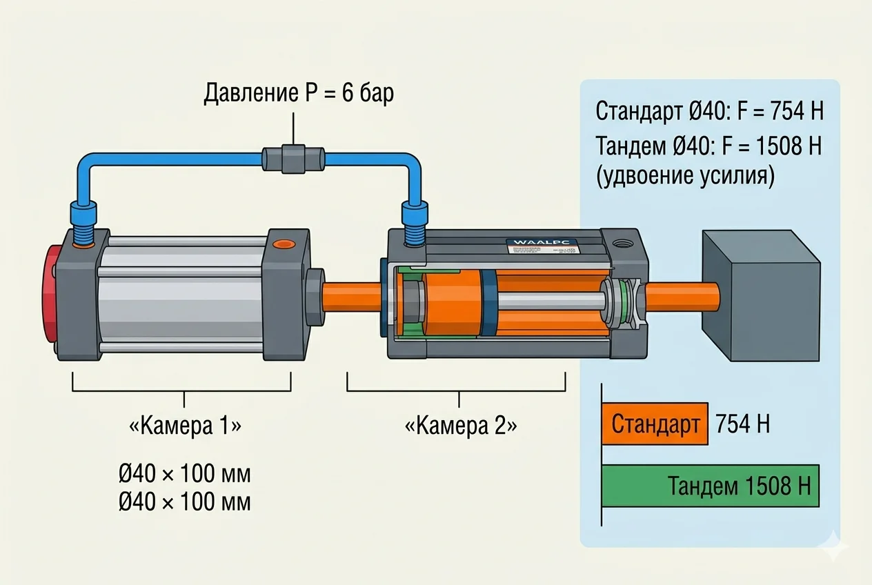 Тандемный пневмоцилиндр — схема удвоения усилия