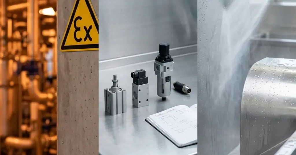 Триптих: установка ATEX в взрывоопасной зоне, серая зона неприменимости WAALPC, оборудование IP69K в пищевом цеху.