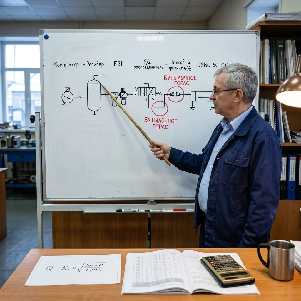 Инженер у белой доски с пневматической схемой компрессор → ресивер → FRL → распределитель 5/2 → фитинг → трубка → цилиндр DSBC, указывает на бутылочное горло.