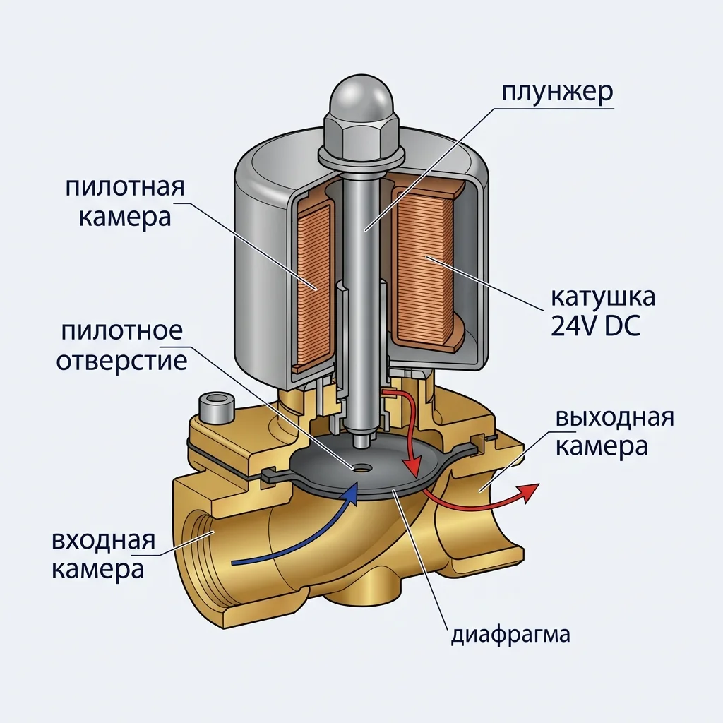 Инженерный cutaway-разрез пилотного клапана 2W — видны диафрагма, пилотное отверстие, плунжер катушки и путь воздуха при открытии.