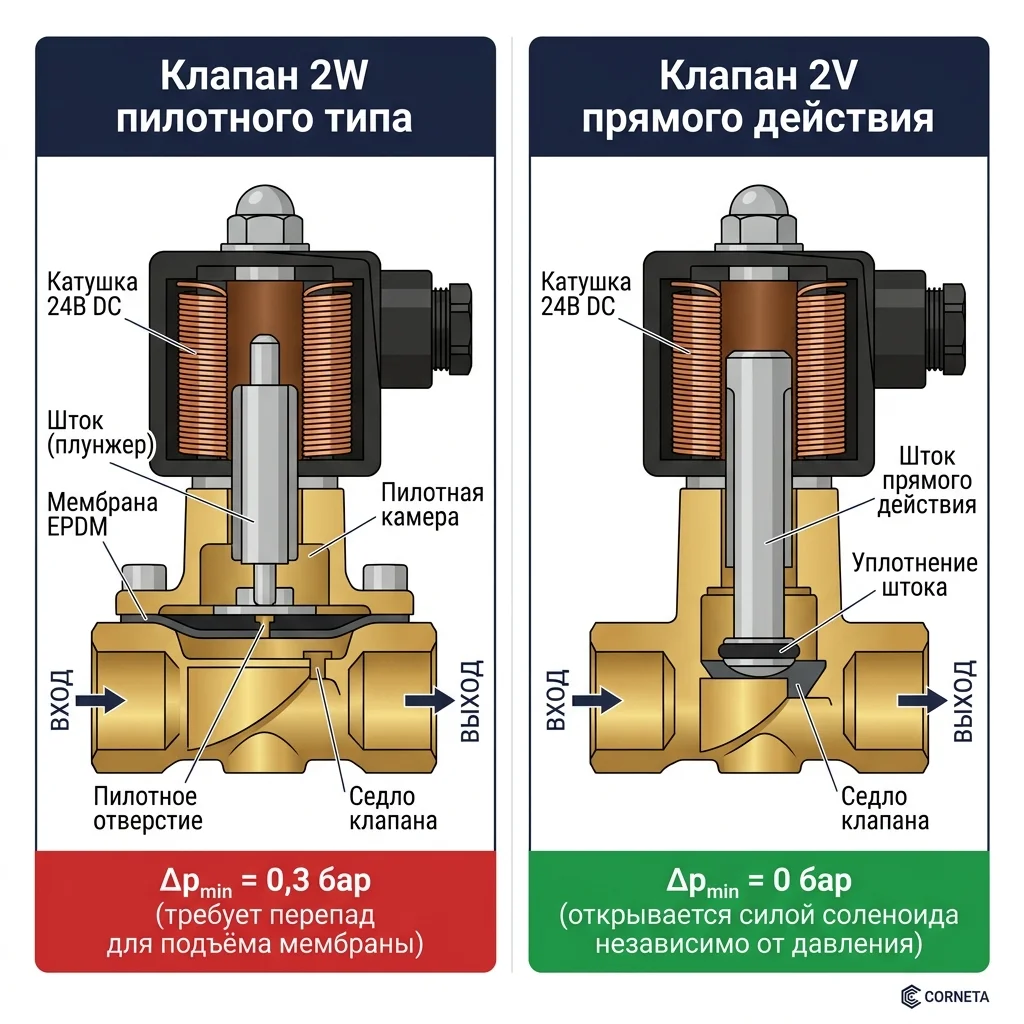 Сравнение клапанов 2W пилотного типа (Δp_min 0,3 бар) и 2V прямого действия (Δp_min 0 бар) в разрезе
