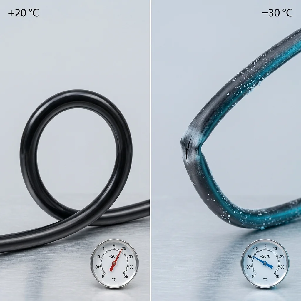 Сравнение гибкости полиуретановой пневмотрубки PU 8×6 при +20 °C и −30 °C: слева ровный изгиб радиусом 25 мм, справа — излом с побелением и трещиной из-за потери эластичности на морозе.