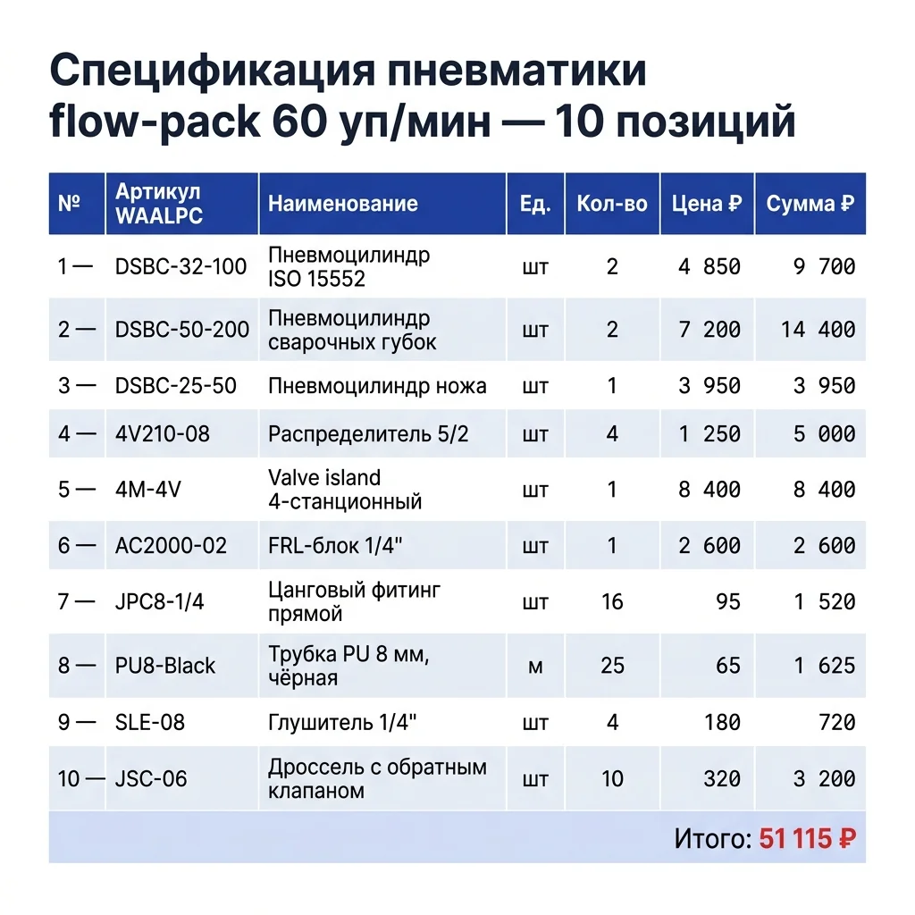 Спецификация BOM пневматики flow-pack 60 уп/мин — 10 компонентов WAALPC с артикулами, ценами и итогом 306 690 ₸.