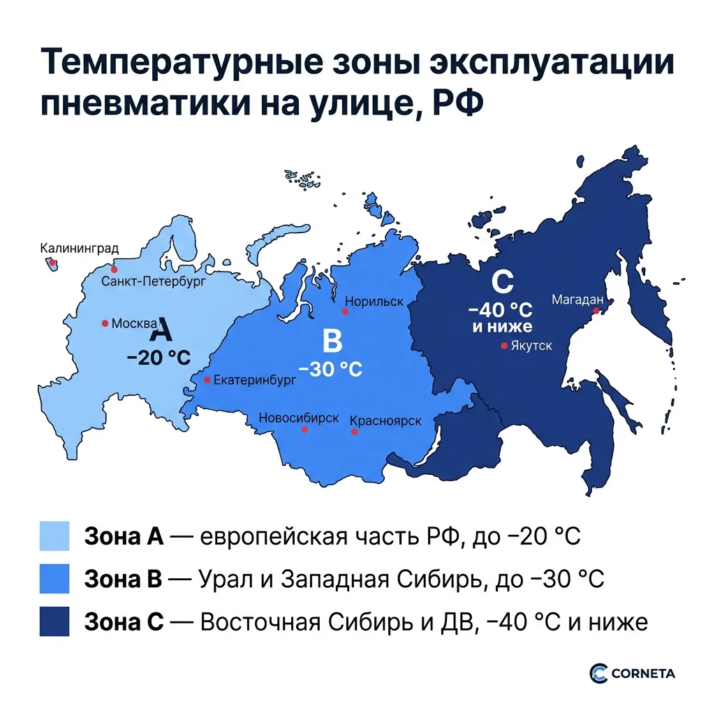 Карта температурных зон РФ для эксплуатации пневматики на улице: Зона A (до −20°C), Зона B (до −30°C), Зона C (от −40°C)