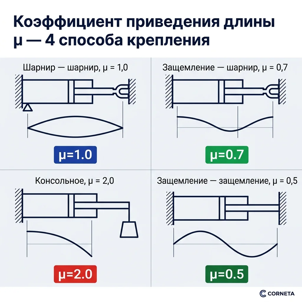 Четыре способа крепления пневмоцилиндра с коэффициентами приведения длины μ — шарнирно-шарнирное (1.0), защемление-шарнир (0.7), консольное (2.0) и защемление-защемление (0.5) с формами изгиба штока.
