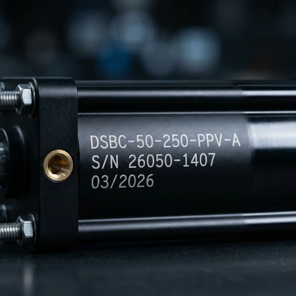 Макроснимок лазерной гравировки артикула DSBC-50-250-PPV-A на корпусе пневмоцилиндра WAALPC с серийным номером и датой изготовления.