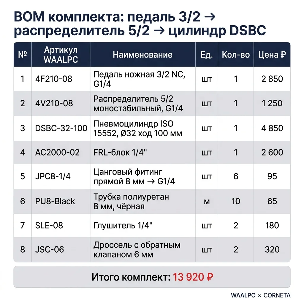 BOM комплекта педальной схемы — 7 артикулов WAALPC со склада (без педали) за ≈37 440 ₸.