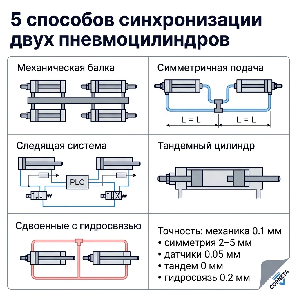 Сетка 5 способов синхронизации двух пневмоцилиндров с указанием точности каждого способа.