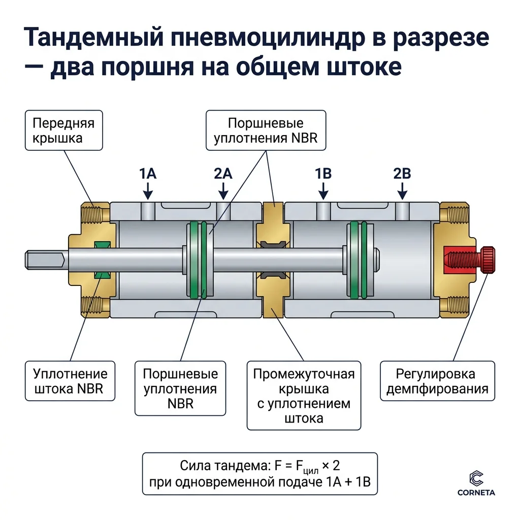 Тандемный пневмоцилиндр в разрезе — два поршня на общем штоке с промежуточной крышкой и регулировкой демпфирования.