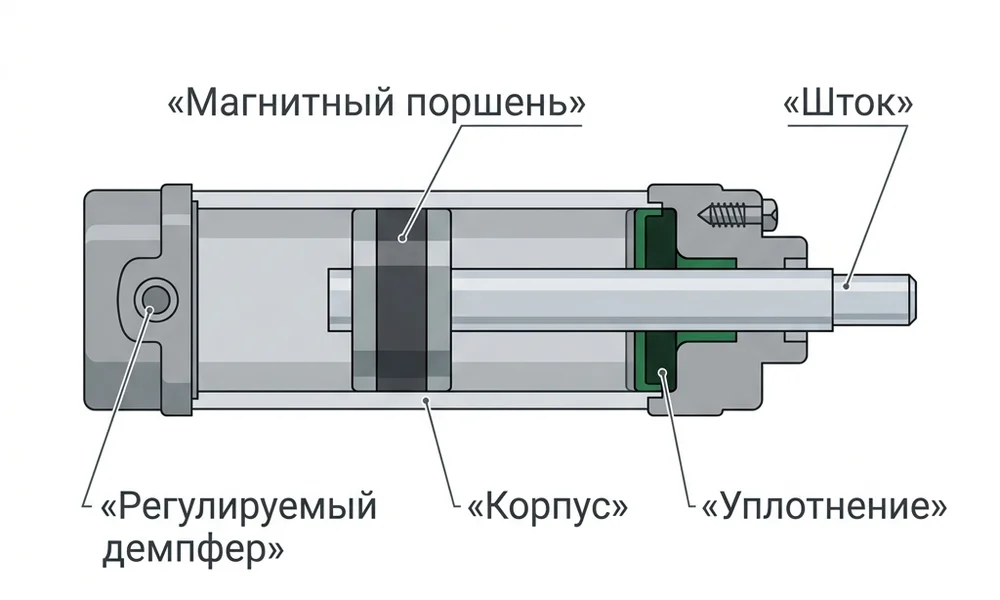 Продольный разрез мини-пневмоцилиндра ISO 6432: шток, магнитный поршень для датчиков положения, регулируемый демпфер в крышке, уплотнения и алюминиевый корпус — узлы, которые проверяют перед заказом аналога DSNU.
