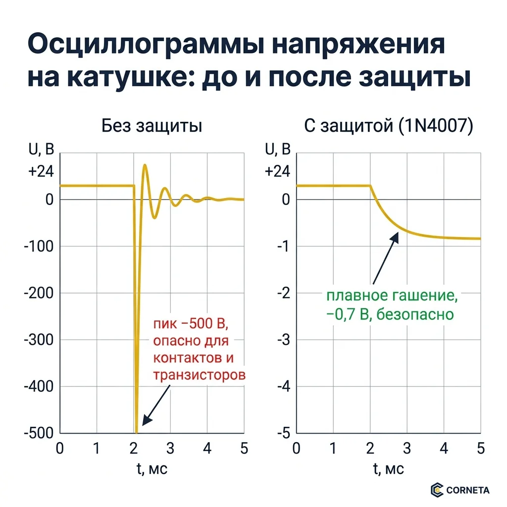 Сравнительная осциллограмма напряжения на катушке клапана — без защиты отрицательный пик минус 500 В за 50 мкс, с обратным диодом 1N4007 плавное затухание до минус 0,7 В без выбросов.